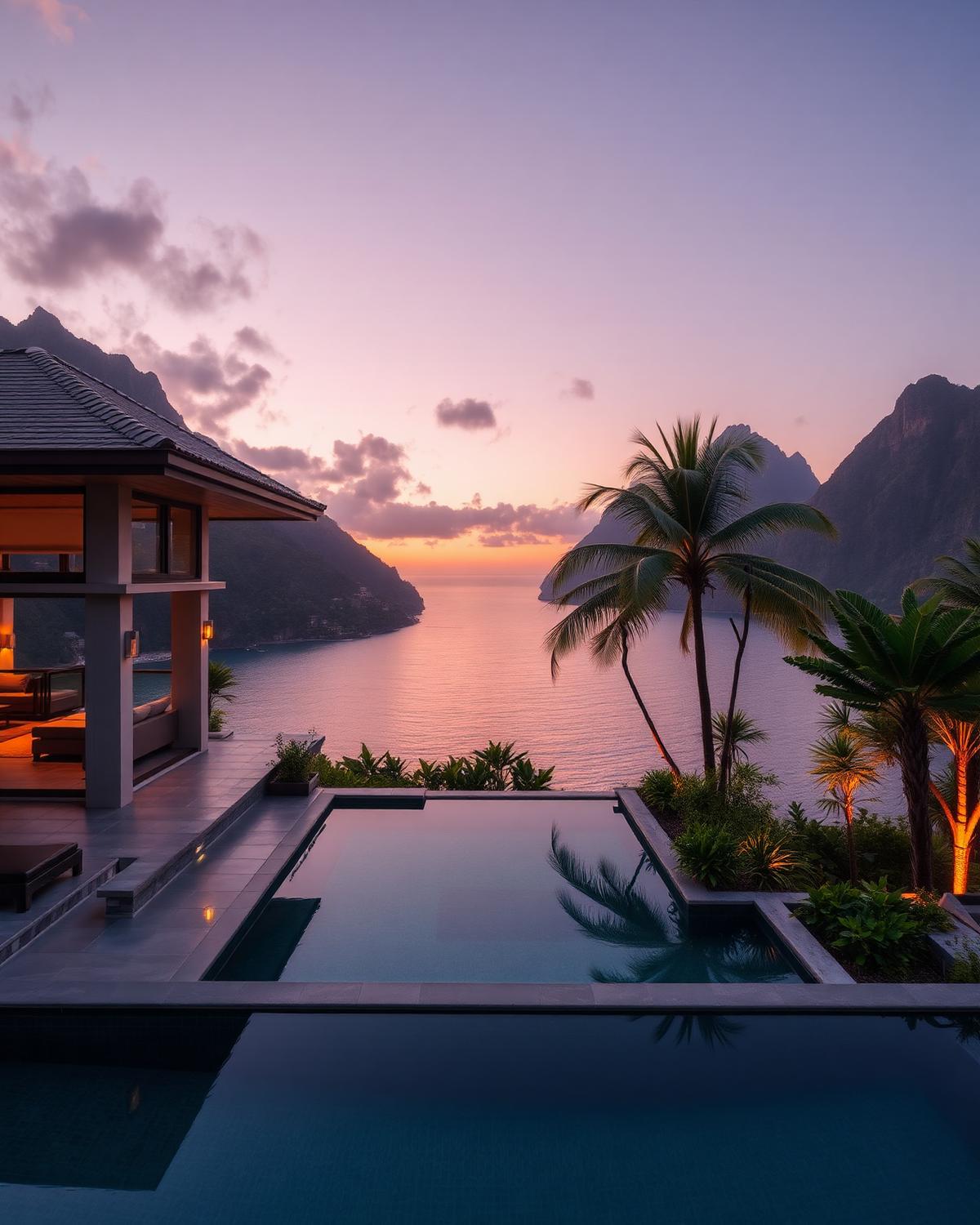 A private villa in Mo'orea overlooking the ocean at dusk
